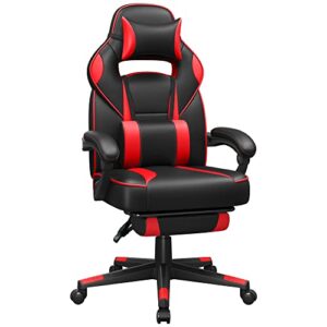 SONGMICS gamerstol, fodstøtte, vippefunktion, nakkestøtte, lændestøtte, armlæn, hjul - sort/rød PU