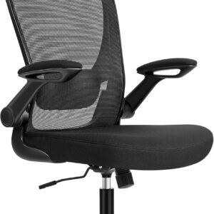 Ergonomisk kontorstol med polstret lændestøtte i netstof, vippefunktion, 53 cm sæde, foldbare armlæn, nakkestøtte, sort