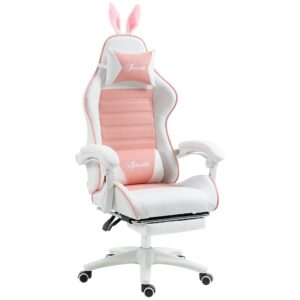 Gaming chair ergonomisk gamerstol med lændestøtte, fodstøtte, pude med kaninører, pink