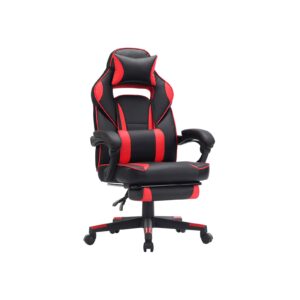 Justérbar racing gaming stol i sort og rød med fodstøtte, nakkestøtte, lændestøtte, ergonomisk design og bæreevne op til 150 kg