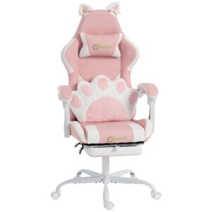 Ergonomisk gamingstol, katteøre gamerstol lavet af kunstlæder med lændestøtte, fodstøtte, nakkestøtte, pink