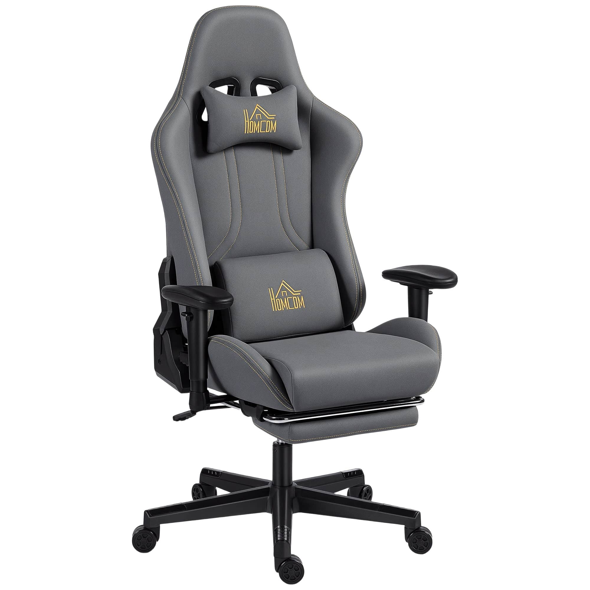 Ergonomisk gamingstol med 3D-armlæn, justerbar, rullende skrivebordsstol med lændestøtte, grå