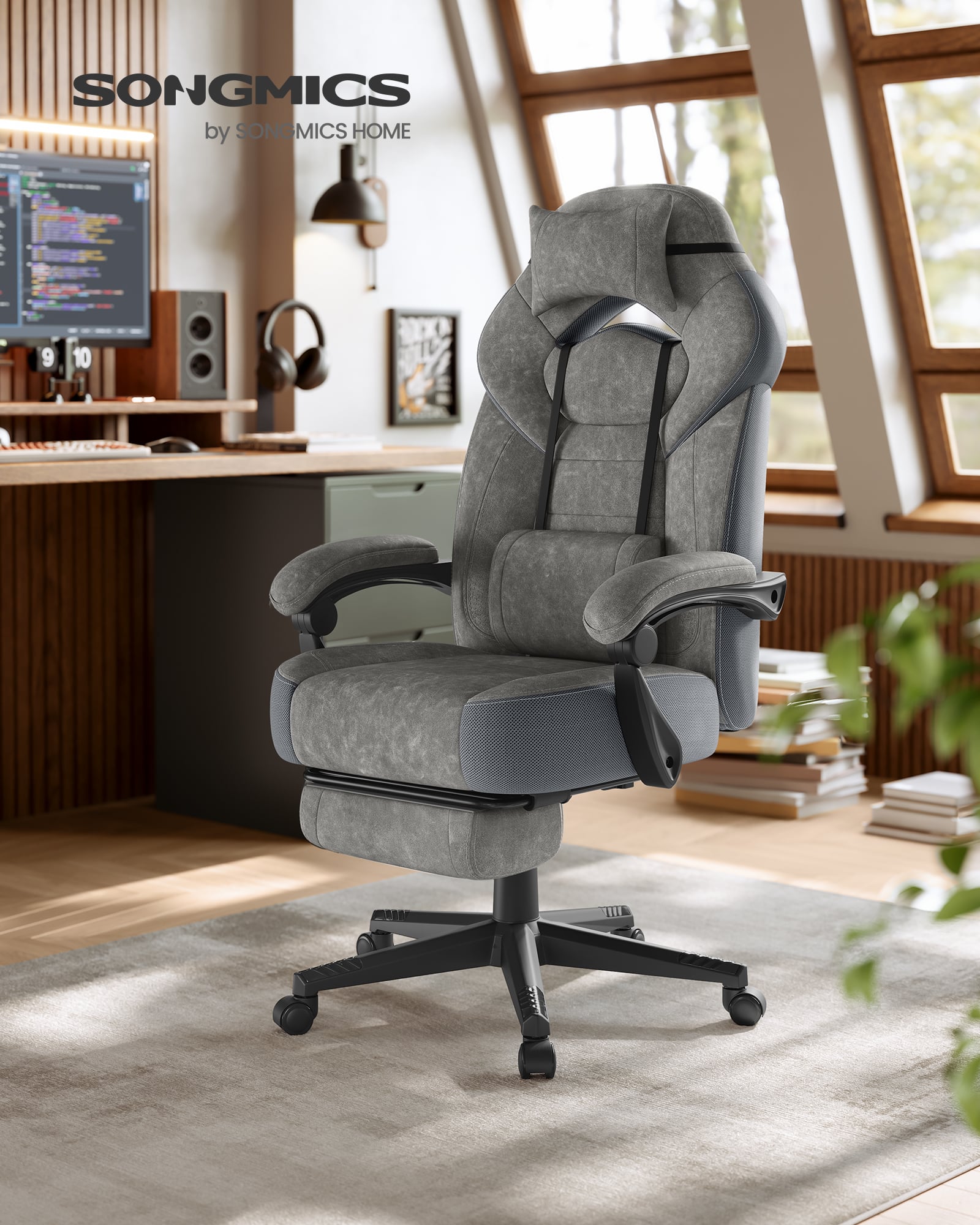 SONGMICS Gamingstol, Kontorcomputerstol, Ergonomisk Design, Med Fodstøtte, Justerbar Nakkestøtte, Lændestøtte, 150 kg Belastningskapacitet, Skifergrå OBG077G01