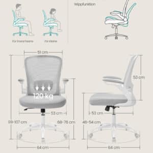 SONGMICS drejelig kontorstol, ergonomisk computerstol i net, lændestøtte, gyngefunktion, 53 cm sæde, opklappelige armlæn, duegrå OBN037G02