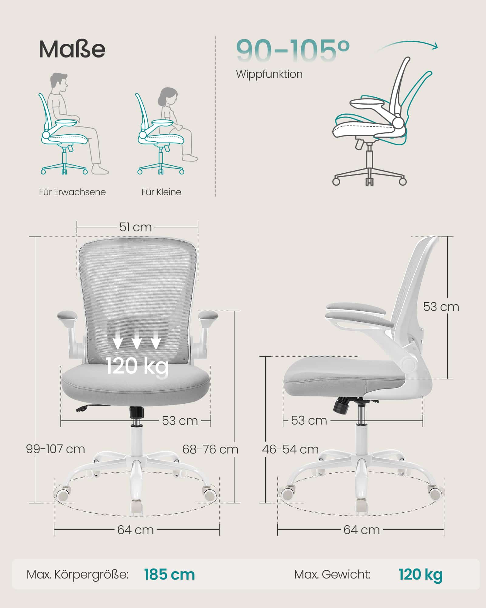 SONGMICS drejelig kontorstol, ergonomisk computerstol i net, lændestøtte, gyngefunktion, 53 cm sæde, opklappelige armlæn, duegrå OBN037G02