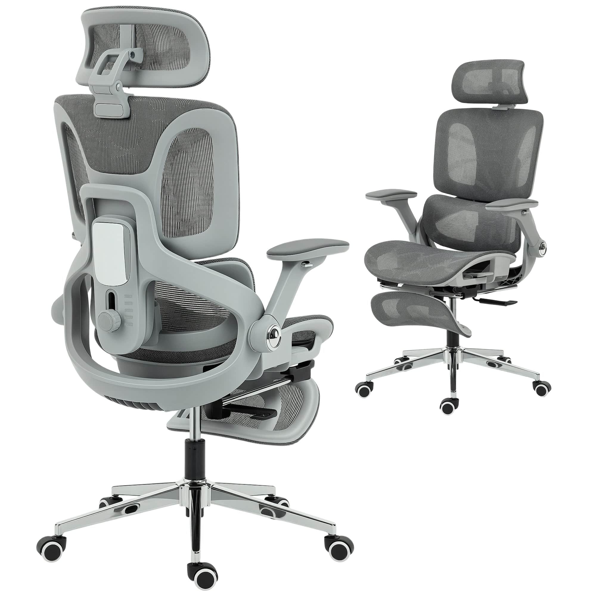 Ergonomisk kontorstol, computerstol i net med separat ryglæn, lændestøtte, 4D-foldbare armlæn, grå