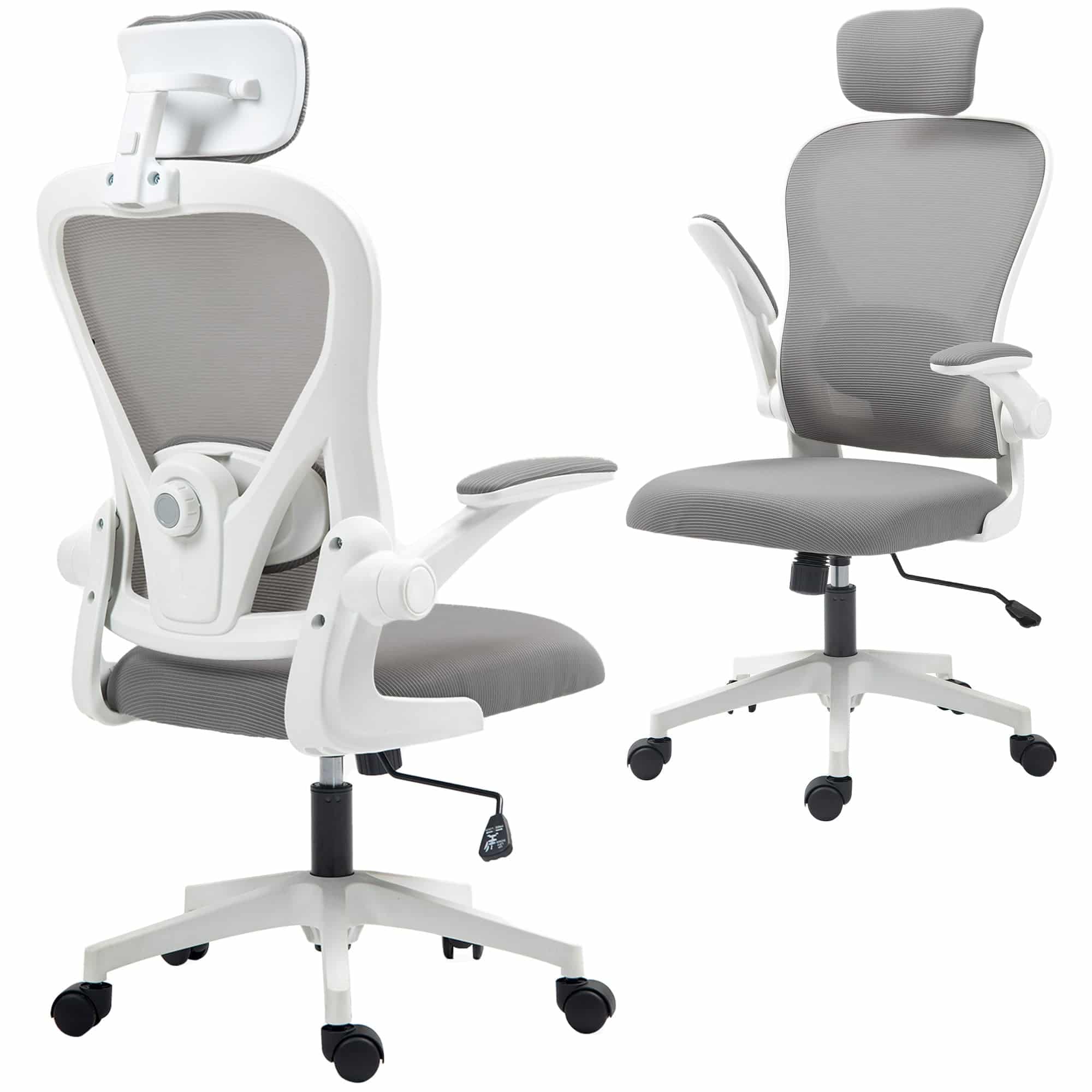 Ergonomisk kontorstol med opklappelige armlæn og justerbar lændestøtte, grå