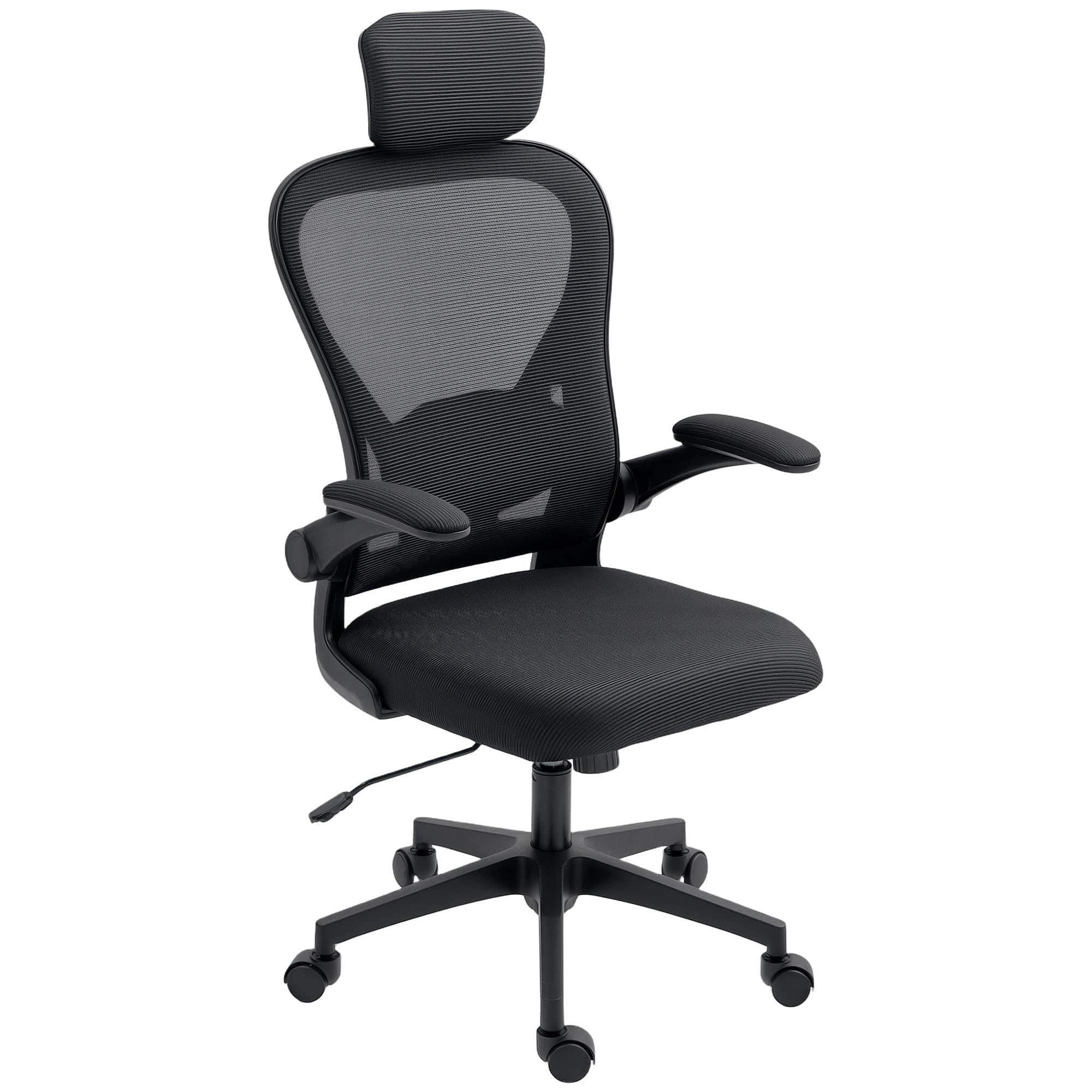 Ergonomisk kontorstol med opklappelige armlæn og justerbar lændestøtte, sort